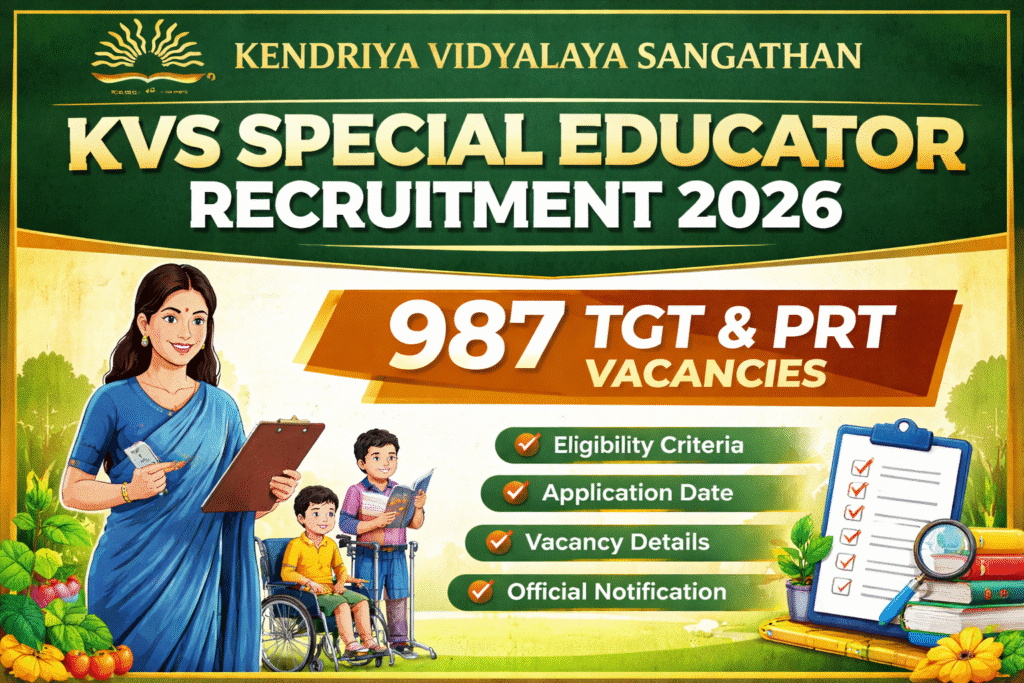 KVS Special Educator Recruitment 2026 includes 987 vacancies for TGT and PRT posts for the 2026–27 session.
